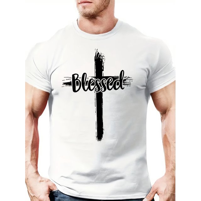 Unique Cross & Letter Blessed Pattern Print Graphic Tee - Ultra-Comfy, Soft, and Stylish Women Mens Summer Outdoor T-Shirt for Casual Events