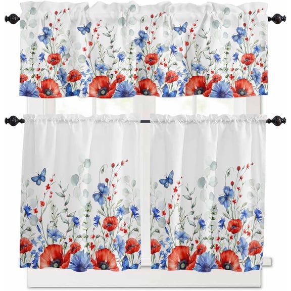 3-Piece Kitchen Curtains and Valances Set 4th of July Independence Day Rod Pocket Soft Kitchen Curtain Set Washable Kitchen Window Curtains Set Patriotic Poppy Flower Star