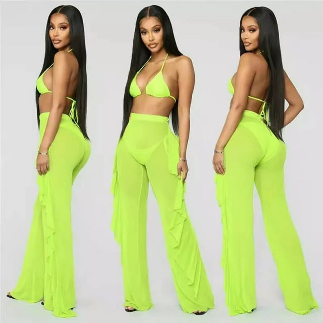 Pantalon de Couverture de Bikini en Maille Transparente à Volants pour Femmes Vert m