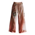 thumbnail image 4 of Bovemsi Women's Bubble Texture Linen-Like Ethnic Print Casual Pants – Retro Floral Wide Leg Trousers for Summer, Pink, M, 4 of 4