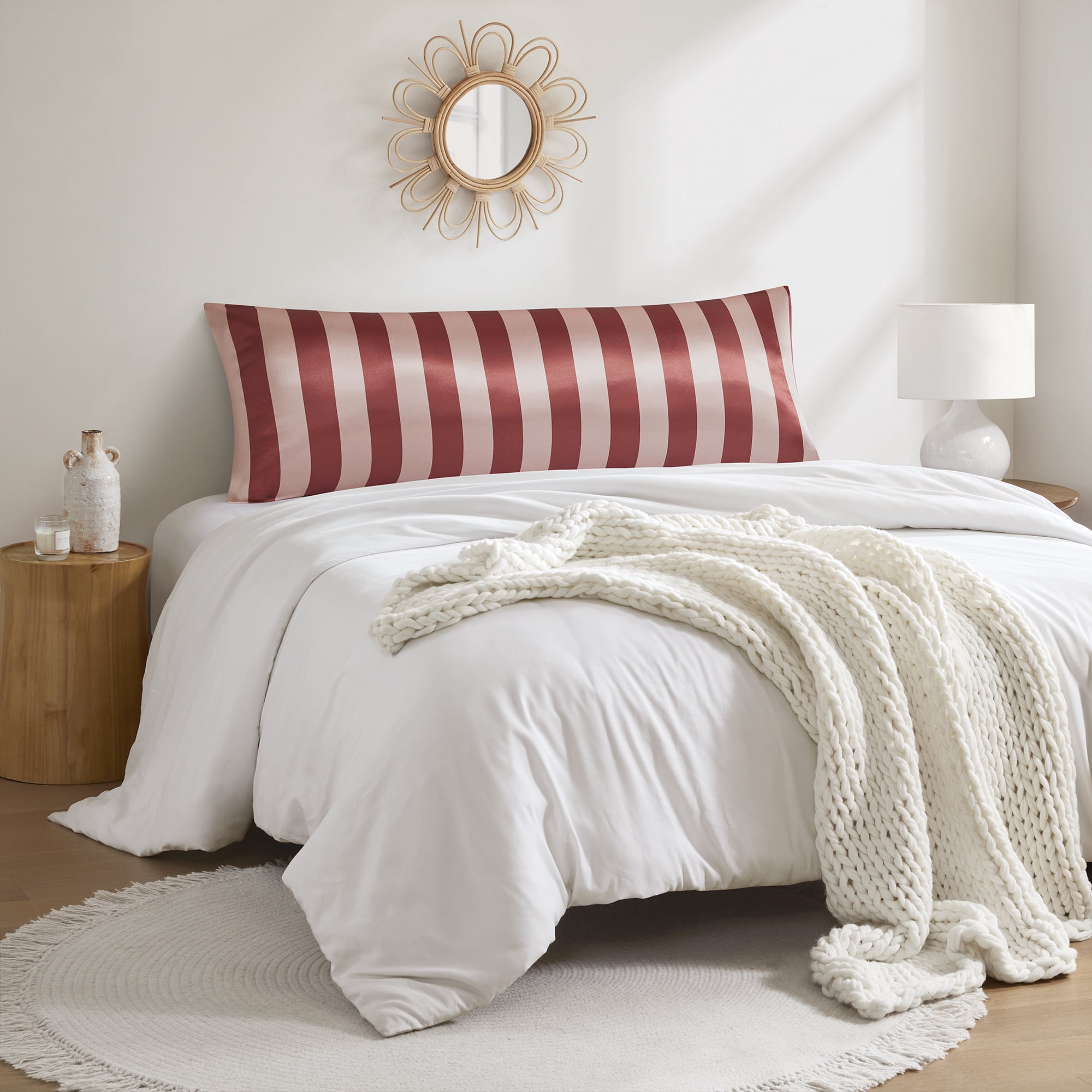 Mainstays Satin Body Pillowcase - Cabana Stripe Pink & Terracotta - 20"x52" - Frizz Control & Cooling Comfort - 1 Pack