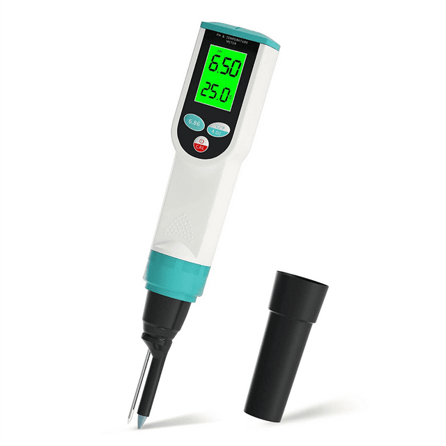PH Meter with ATC Food PH Tester, a waterproof digital food pH meter featuring a high-accuracy pH/temperature probe. The device has a white and teal body with a black detachable cap and a digital display showing pH and temperature readings. Designed for precise pH measurement in food applications such as sourdough bread, sausages, and fermented sauces. Includes automatic temperature compensation and two-point calibration for accuracy.