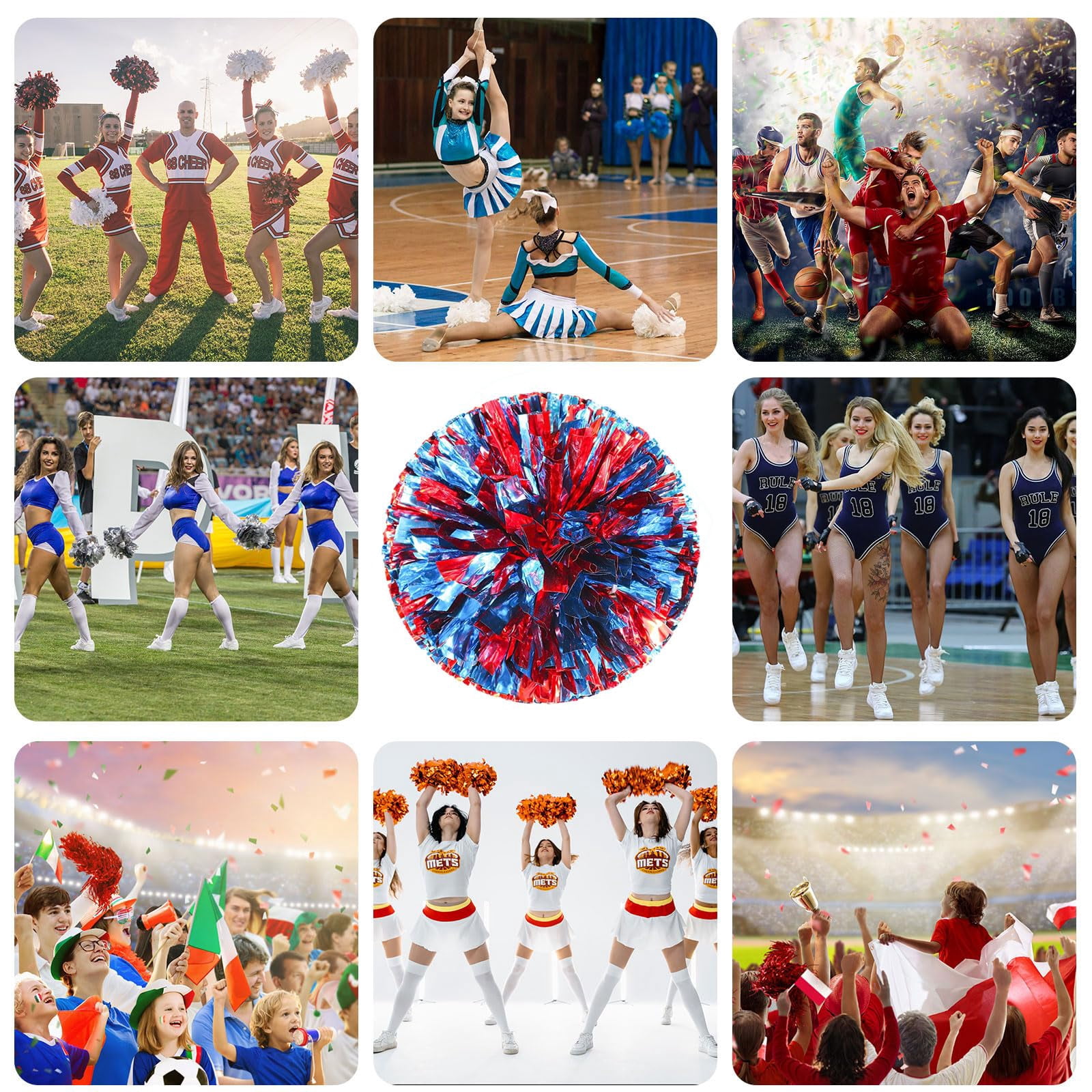 Pom Poms Cheer 18 Pcs with Four Finger Handle, Cheerleading Handheld Squad Pompoms for Sports Team Cheer Spirit Games Dance Party Adults
