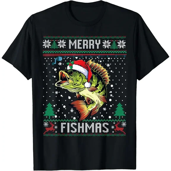 Merry Fishmas Bass Fish Fishing Ugly Festive Holiday Sweater Xmas Unisex T-Shirt, up to Size 5XL