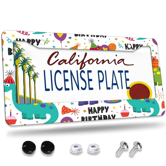 1 Pcs Dinosaur Birthday Celebration License Plate Frame,License Plate Cover for Car Decorative Parts,Aluminum License Plate Bracket Holder Rust-Proof for US Standard Car