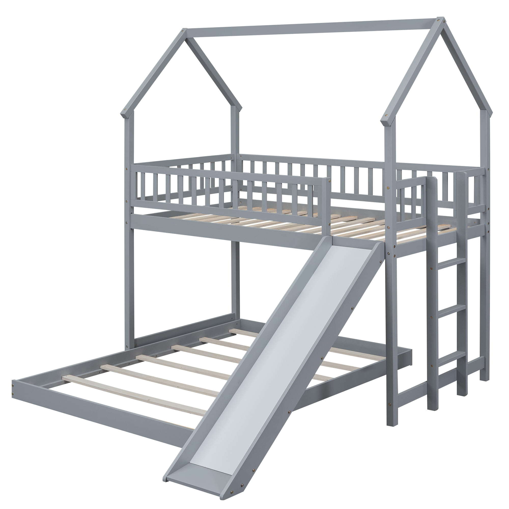 Euroco Modern Wood Twin over Full House Bunk Bed for Kids Teens Bedroom, Gray