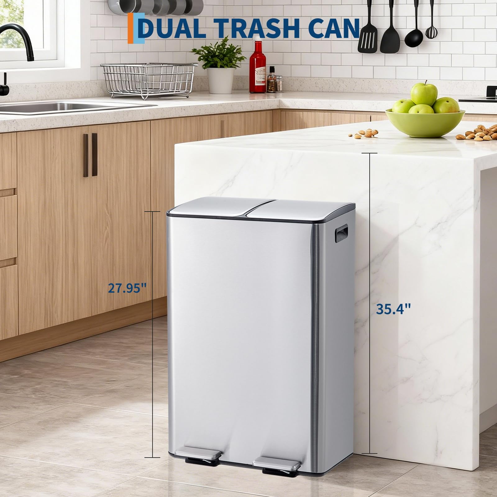 Dual Trash Can, 16 Gal (2 x 30 l) Kitchen Garbage Can with Lid and Inner Bucket, Double Compartment Trash and Recycle Bin Combo with Step Pedal
