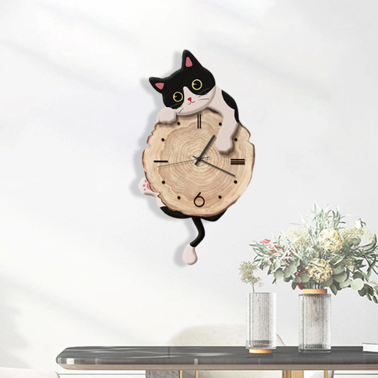 Cat Wall Clock Modern with Swinging Tail Silent for Kids Room Bedroom Home Decor