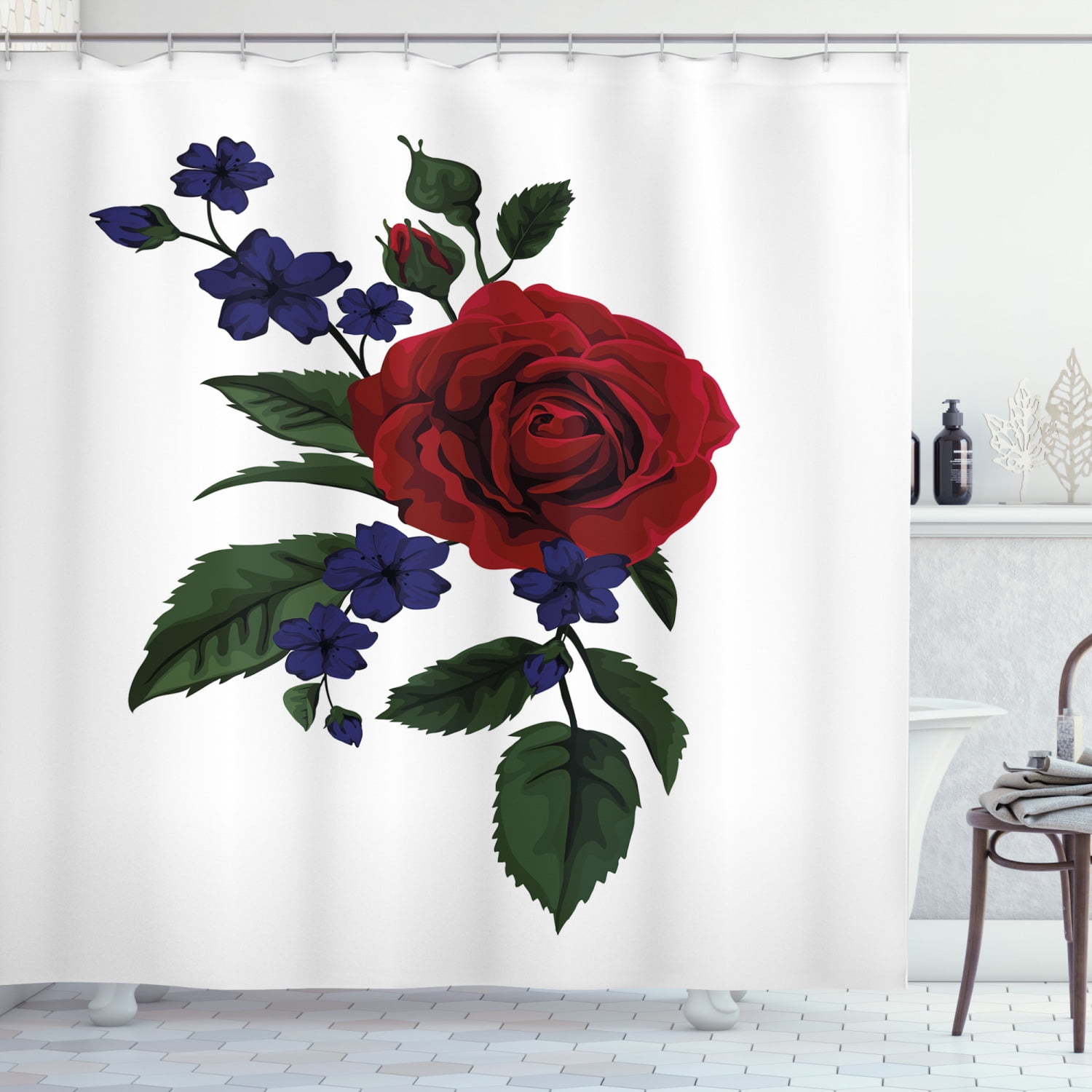 Rose Shower Curtain, Rosebud with Little Blossoms Leaves Love and