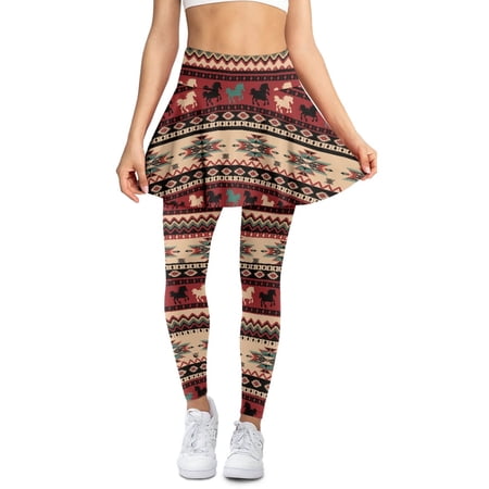 COEQINE Ruffle Pleated Tennis Skirts with Leggings with Pockets for Women High Waist Elastic Yoga Skirted Legging Reddish-Brown American Aztec Print Comfy Skort Pants 2XL