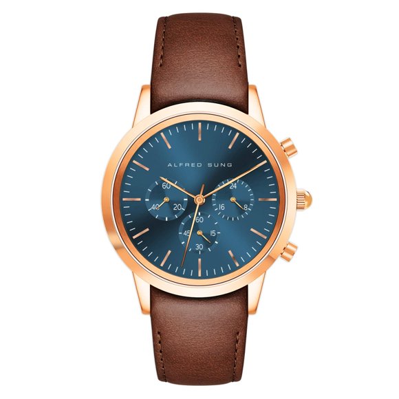 Alfred Sung Men's Chronograph Rose Gold Blue Dial Leather Watch