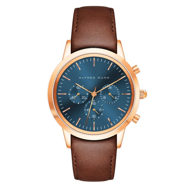 Alfred Sung Men's Chronograph Rose Gold Blue Dial Leather Watch