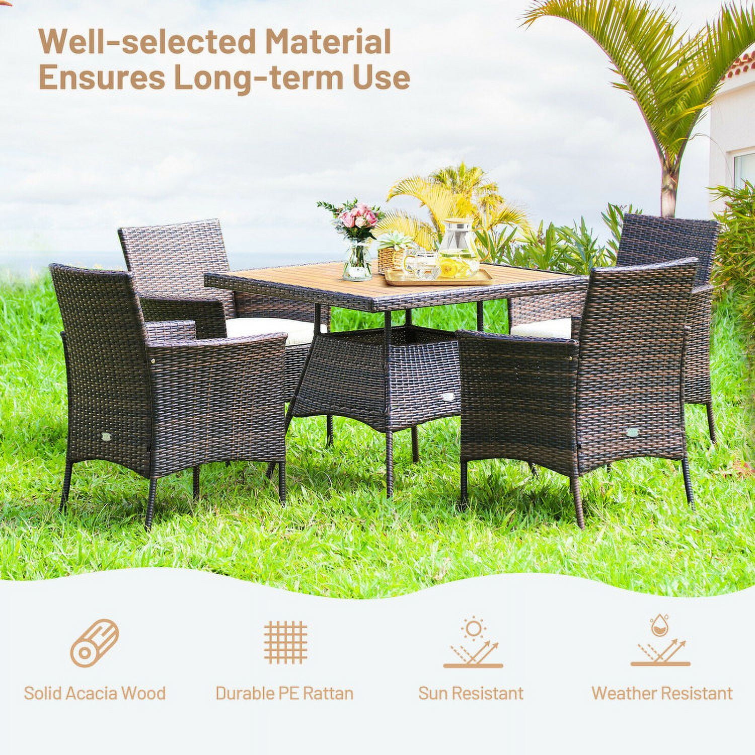 Aimee Lii 5 Pieces Patio Rattan Dining Furniture Set with Arm Chair and Wooden Table Top, Outdoor Patio Furniture