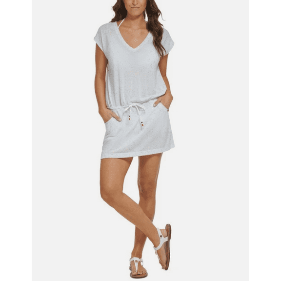 Tommy Hilfiger Women's Printed Tie-Waist V-Neck Swim Dress Cover-up - Soft White Multicolor Size: L/X RETAIL: $78