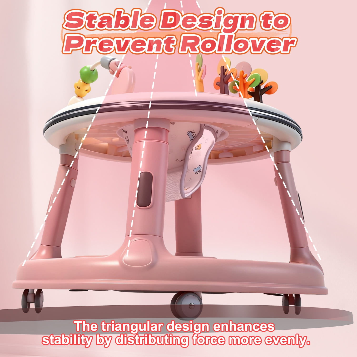 WonderStone 3 in 1 Baby Walker, Push Walker with 360° Swivel Seat, Music & Light Toys, Baby Bouncer, Baby Activity Center for Boy Girl 6-18 Months (Pink)