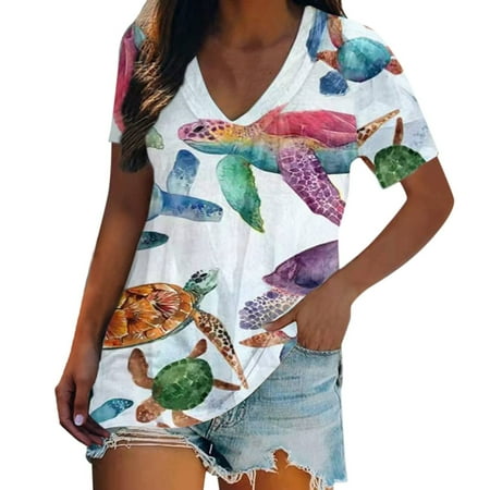 

Womens Tops Corset Tops for Women Women Summer Tops Sea Turtle Printed Short Sleeve V-Neck T Shirts Coastal Tees Holiday T-Shirt Casual Loose Fit Blouse White Long Sleeve Shirts for Women