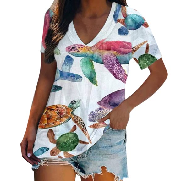 Women's Plus Size Short Sleeve Summer Sea Turtle Printed V-Neck Coastal Holiday T-Shirt