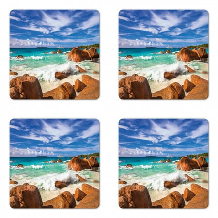 

Tropical Coaster Set of 4 Exotic Rocky Coast with Wave Seychelles Island Paradise Beach Scenery Square Hardboard Gloss Coasters Standard Size Cinnamon Blue Turquoise by Ambesonne