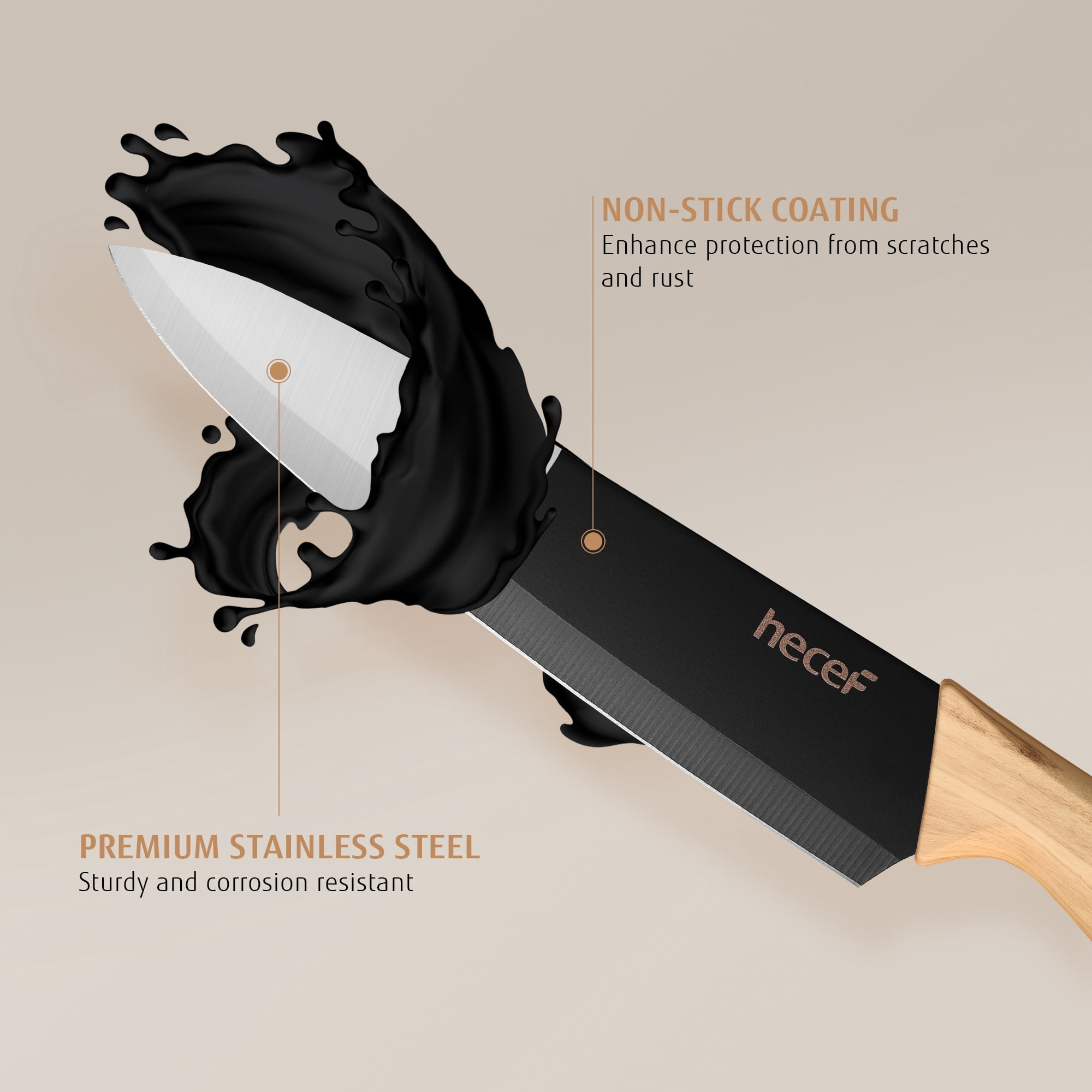 Hecef 6-Piece Kitchen Knife Set with Olive Wood Block, Sharp Stainless Steel Chef Knife Set, Non-stick Prof Knives.