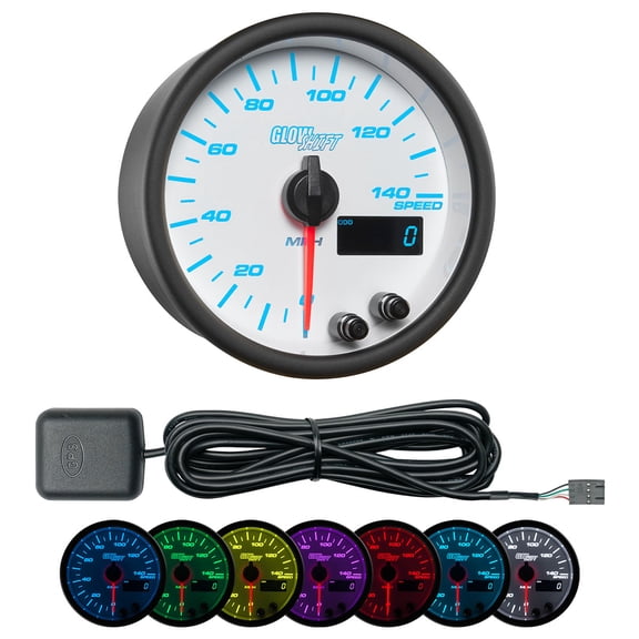 GlowShift | White 7 Color Series 3-3/8" (85mm) 140 MPH GPS Speedometer & GPS Speedometer Adapter