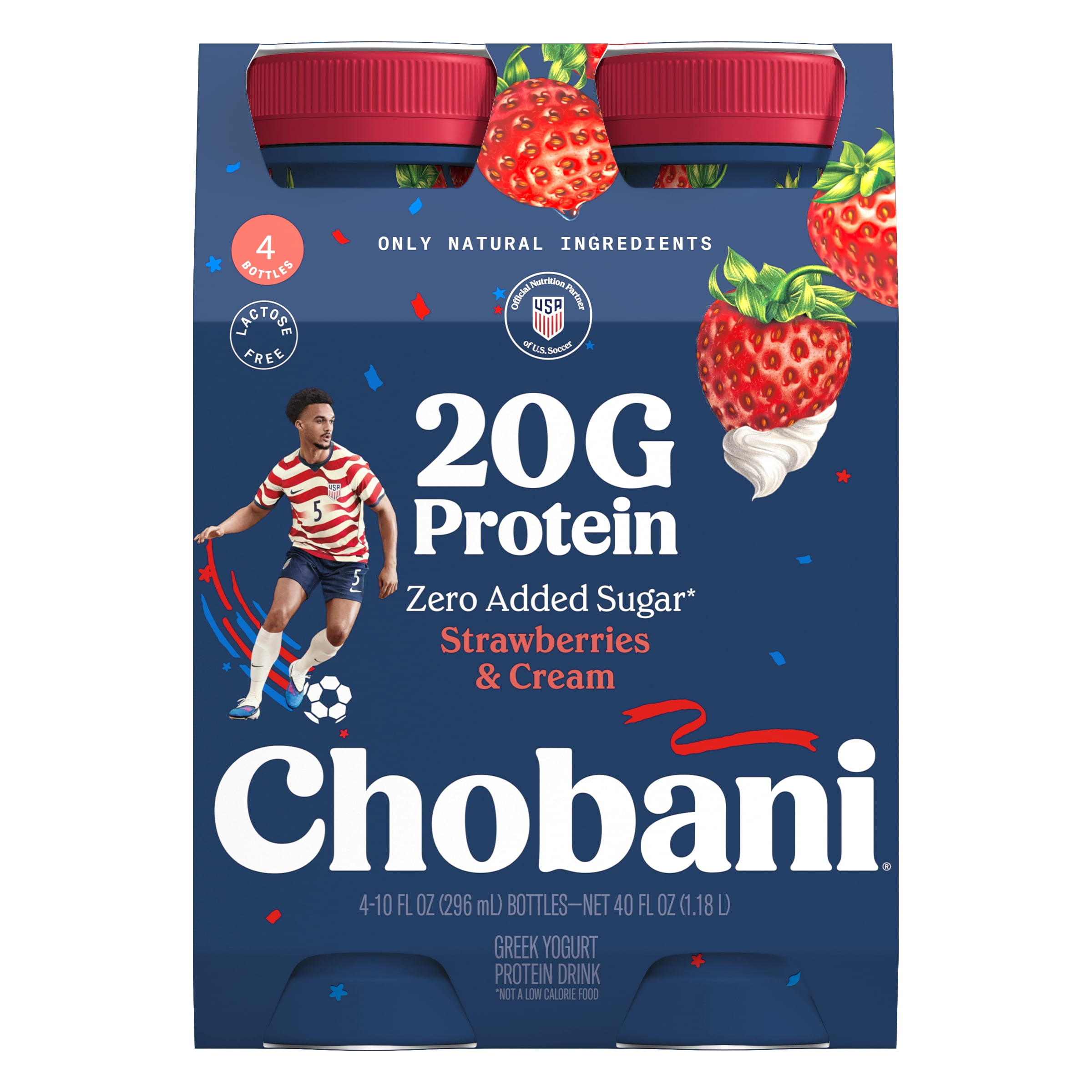Chobani 20G Protein Low-Fat Greek Yogurt Drink, Strawberries and Cream 10 fl oz Bottle, 4 Pack