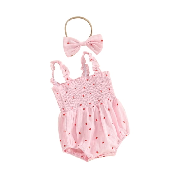 Infant Baby Girls Summer 2 Piece Outfits Strawberry Print Sleeveless Romper and Headband Set
