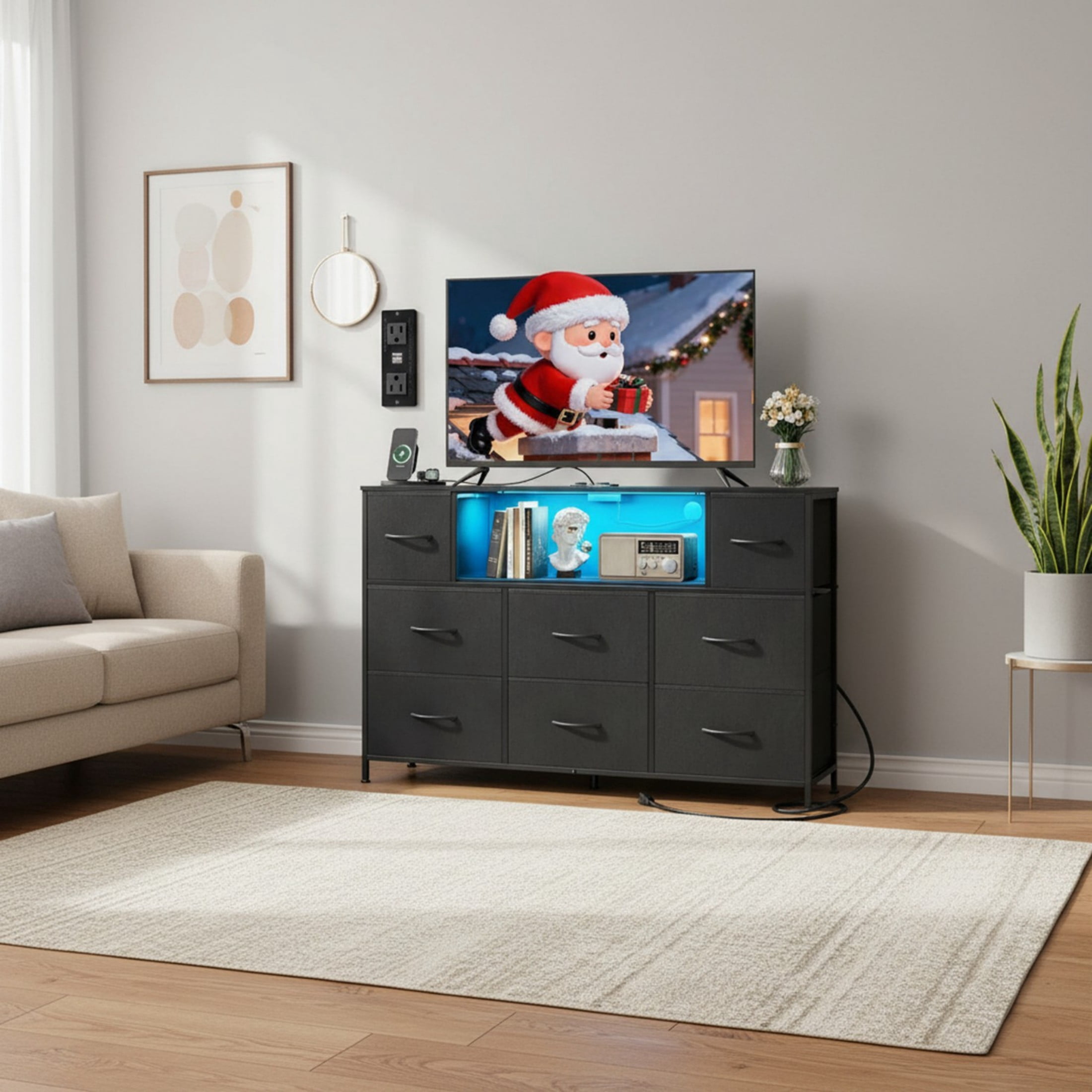 CONCETTA 55 inch TV Stand Dresser, 8 Fabric Drawers Storage Organizer for Bedroom Living Room, LED & Charging Station, Black