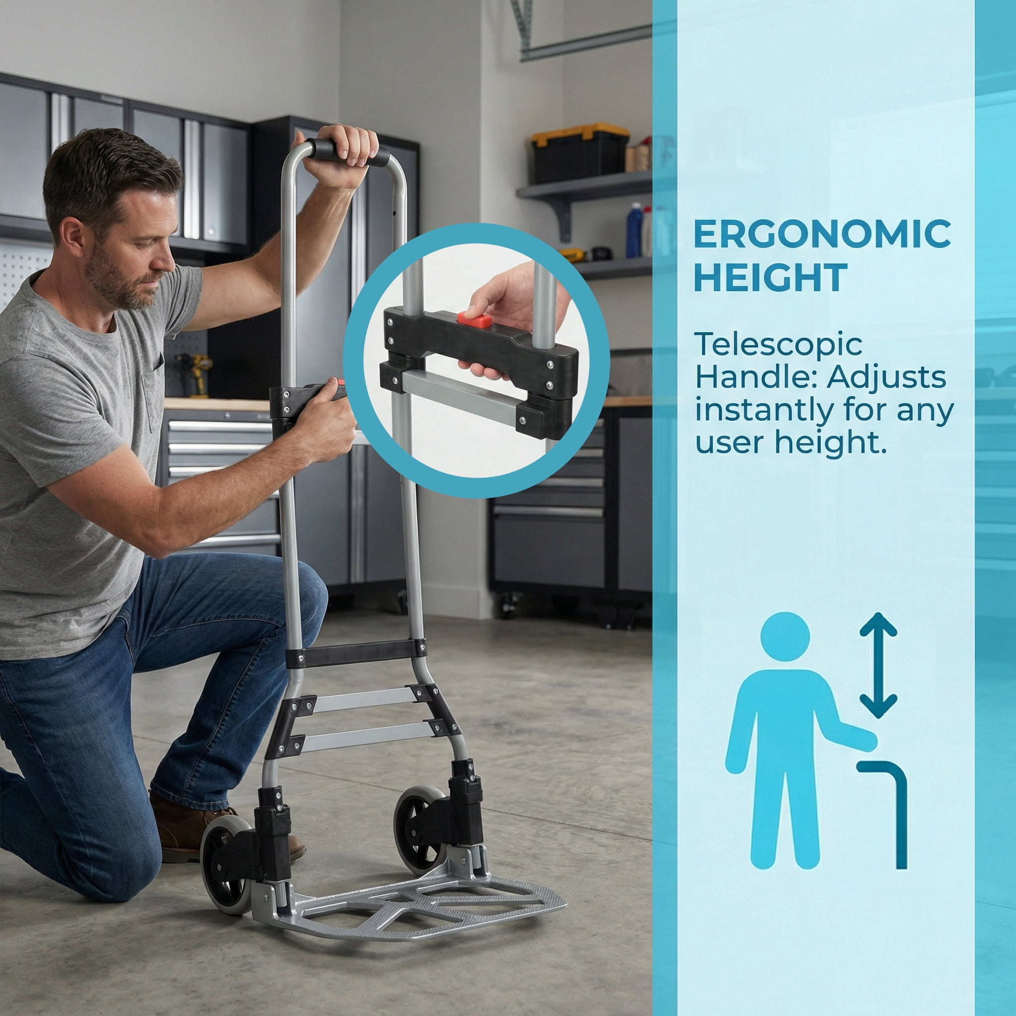 Takira Foldable Hand Cart, Portable Aluminum Luggage Cart with Telescopic Handle and Black Bungee Cord.