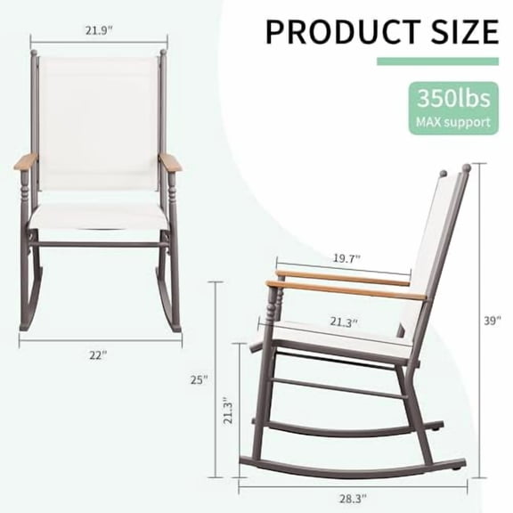 JY QAQA Outdoor Rocking Chair Set of 2, High Back All-Weather Patio Rocking Chairs with Breathable Back Rest for Adult, Ergonomic Design Porch Chairs for Porch, Garden, Balcony, Pool, White