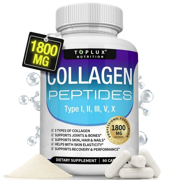 Toplux Multi Collagen Peptides Pills 1800mg Collagen Complex Type I, II, III, V, X for Better Skin & Hair, Strong Joint, Hydrolyzed Protein 90 Capsules