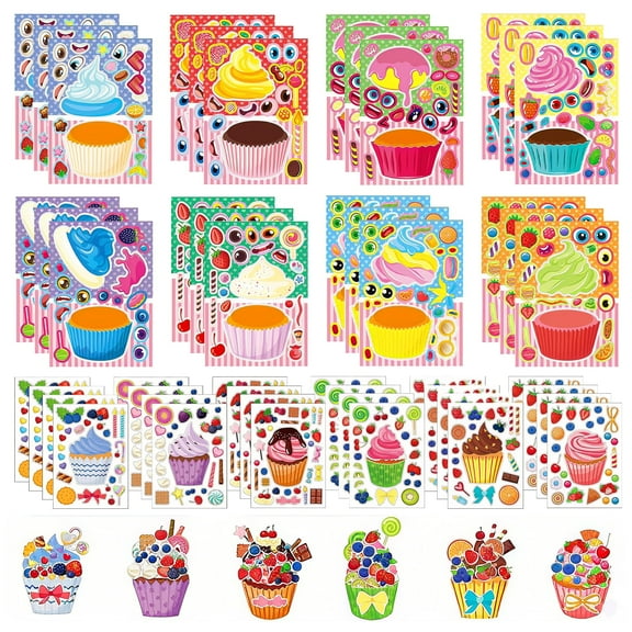 Allhall 48 Sheets Cupcake Make Your Own Stickers - Make a Face Stickers for Kids, Mix and Match Ice Cream and Cupcake Sticker, Cupcakes Sticker for Classroom Activities, Crafts Party Decorations