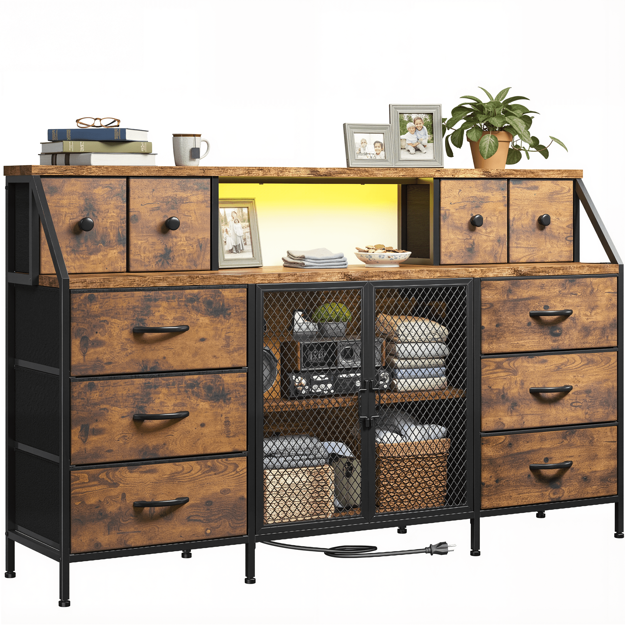 Romorgniz Dresser for Bedroom with 10 Fabric Drawers & Mesh Door 55" Long Dressers & Chest of Drawers with LED Lights & Charging Station for Living Room, Rustic Brown
