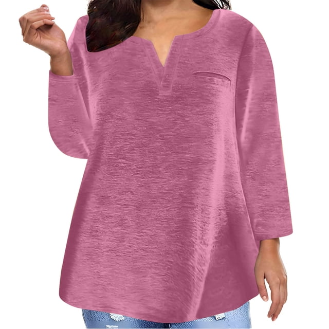 Yuyuzo Plus Size Tops for Women Long Sleeve Notch V Neck Solid Color Shirts Comfy Plain Basic Tees