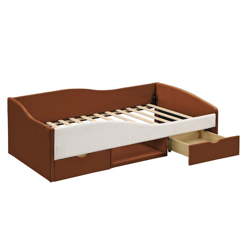 Twin Size Upholstered Daybed Frame, Low-Profile Storage Platform Bed with 2 Drawers and Open Compartment, Two-Tone Accent Kids Bed