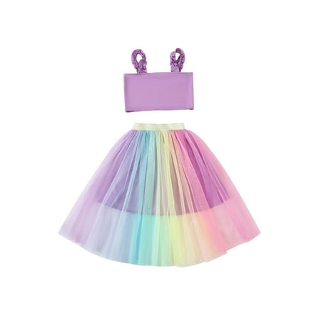 

Toddler Baby Kids Girls Outfits Bohemian Ruffle Straps Crop Tanks Tops Rainbow/Sunflower Print Mesh Skirt A-Line Dress Clothes Set