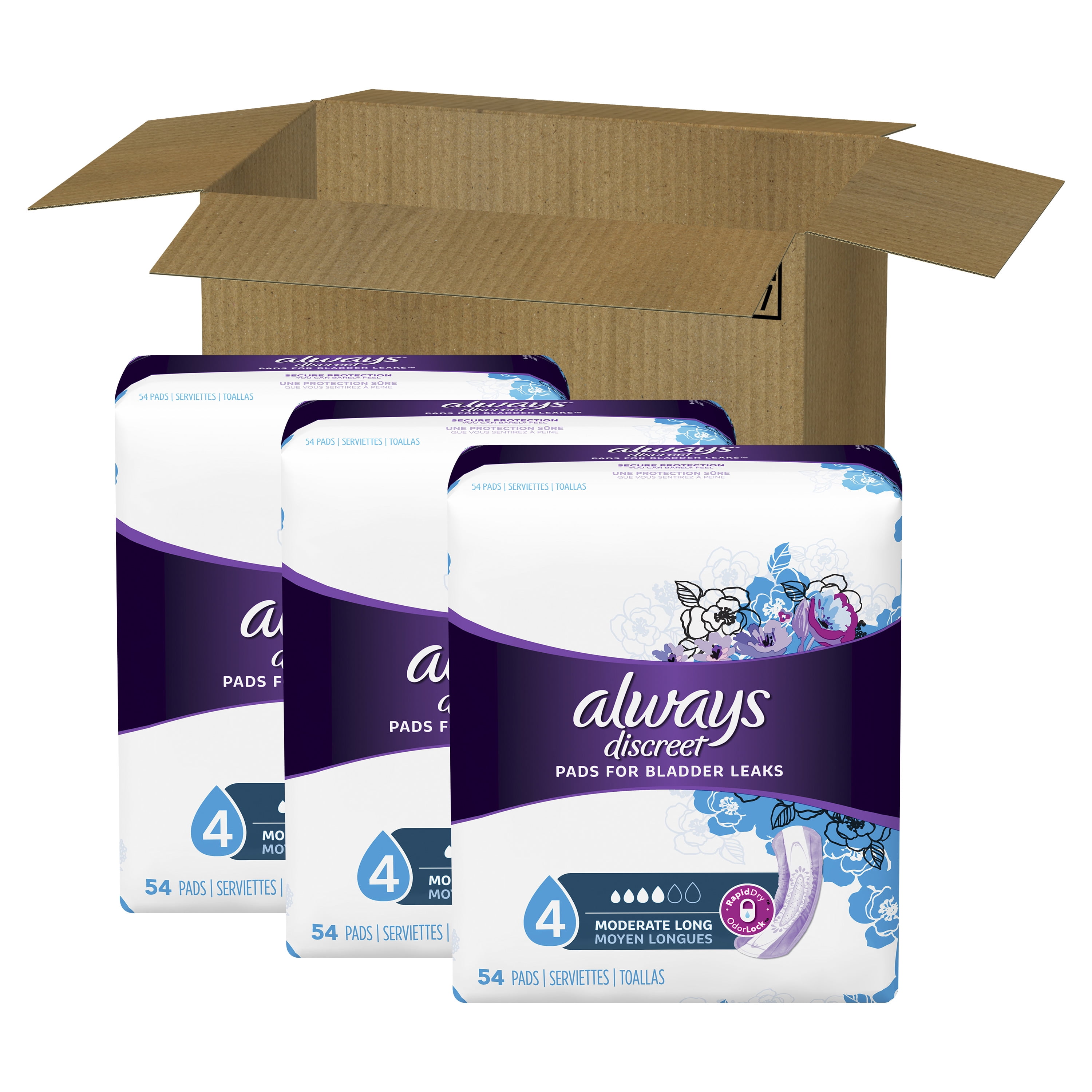 Always Discreet Incontinence Pads for Women, Moderate Absorbency, Long ...