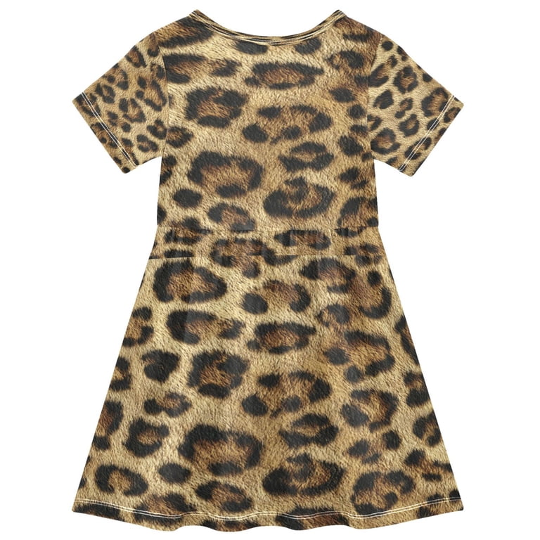Toddler Girls Short Sleeve Summer Dress, Cute Casual Print Dress for Girls 2-8 Years, Soft Breathable Comfortable Daily Beach Party Dress Natural Leopard Print
