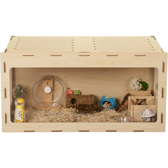Wooden Hamster Cage Large Animal Cage Acrylic Transparent Board, Light Habitat with Openable Top for Hamster, Rabbits, Guinea Pigs, Chinchillas, 31.5" L x 16.14" W x 15.75" H, Natural