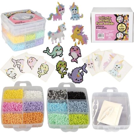 8,000pc Fuse Bead Unicorn & Narwhals Kit for Girls-12 Colors, 8 Animal Templates, 4 Peg Boards, Tweezers, Ironing Paper, Case-Works w Perler, Summer Camp Arts & Craft Project