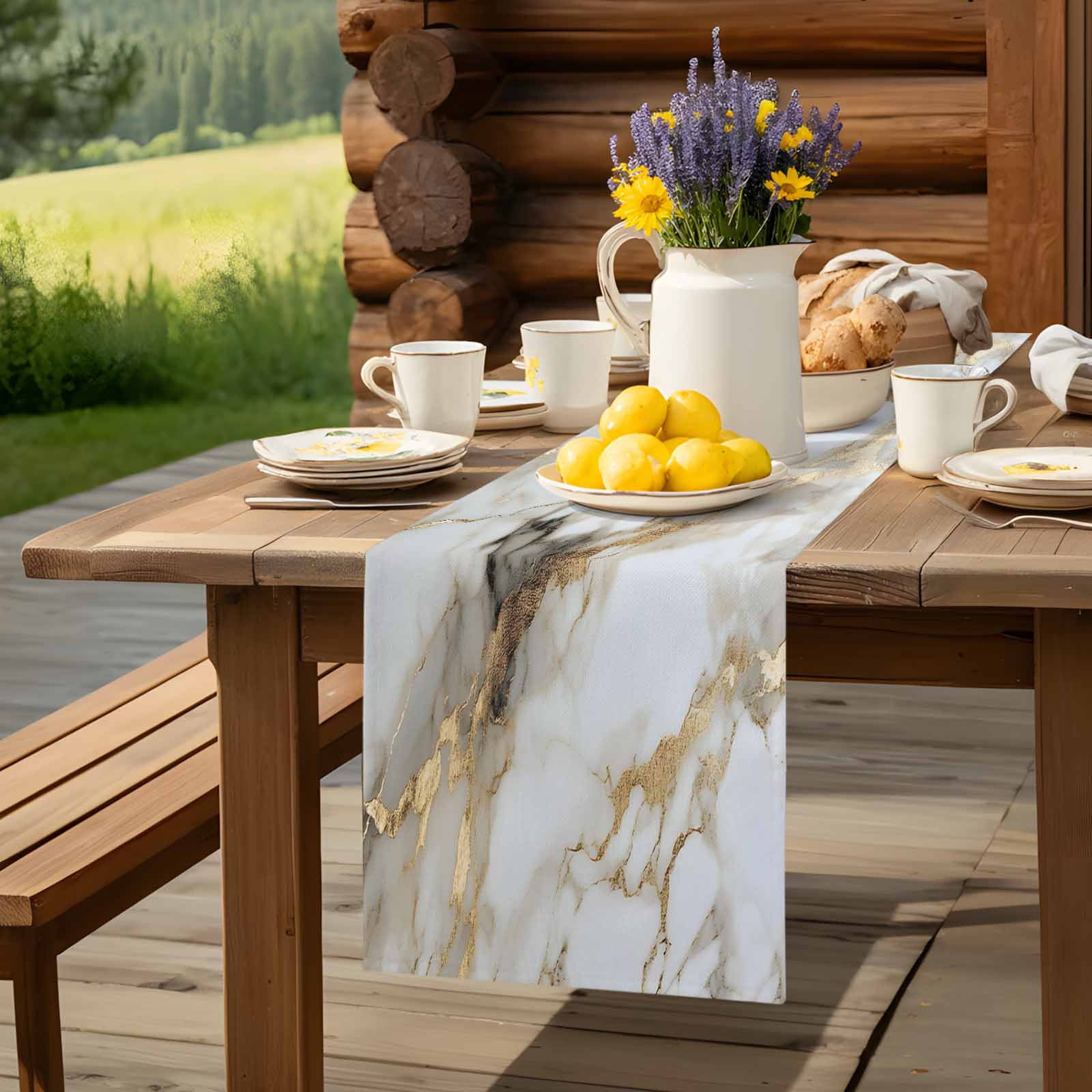Abstract Natural Art Marble Pattern Table Runner 90 Inches Long, Stone Texture Gpld Stripe Table Runners Tabletop Scarf Kitchen Dining Tables Decoration for Home Party Indoor Outdoor