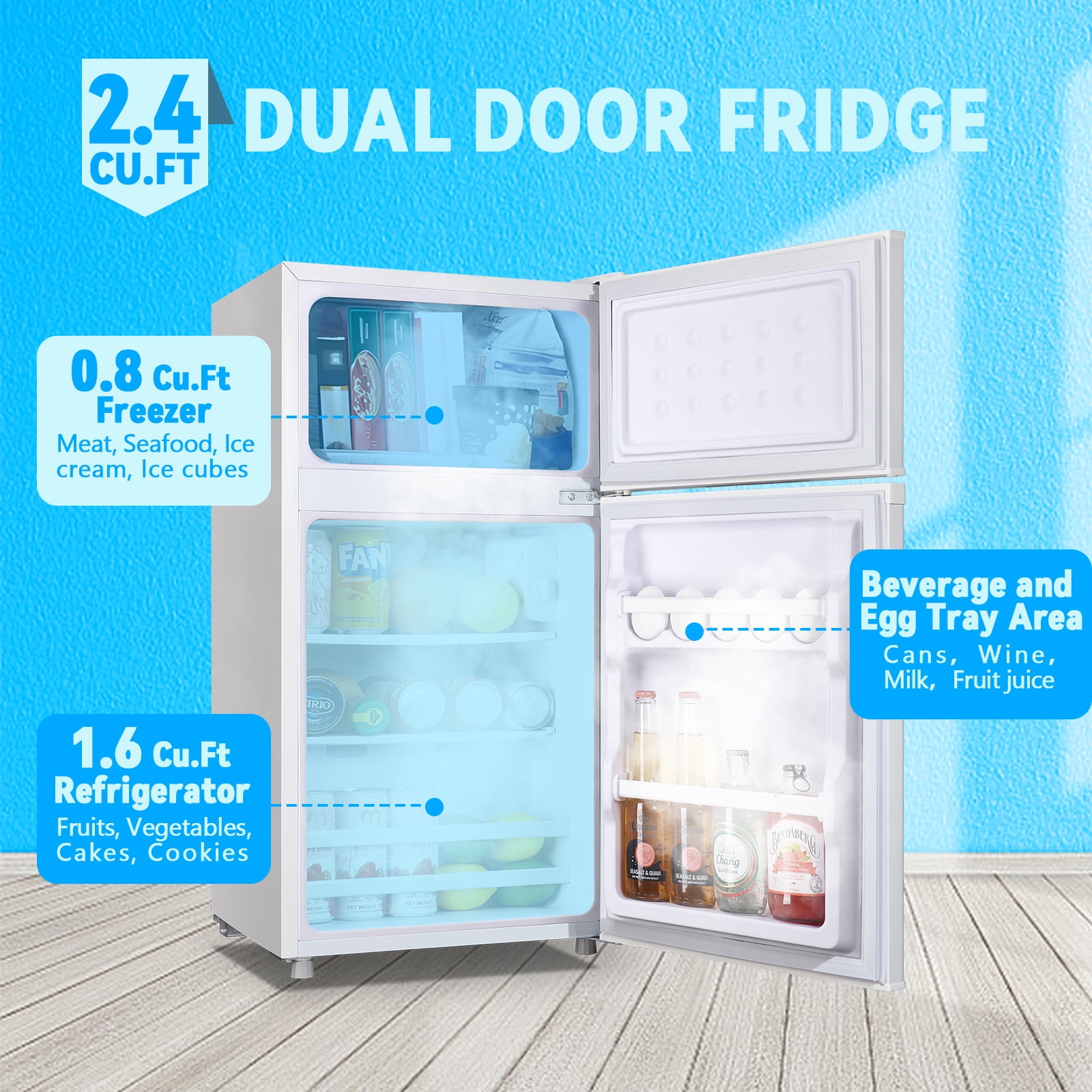 TACOOL Small Refrigerator with Freezer Mini Fridge with Removable Shelves for Bedroom 2.65Cu.Ft, 15"D x 15"W x 31"H White