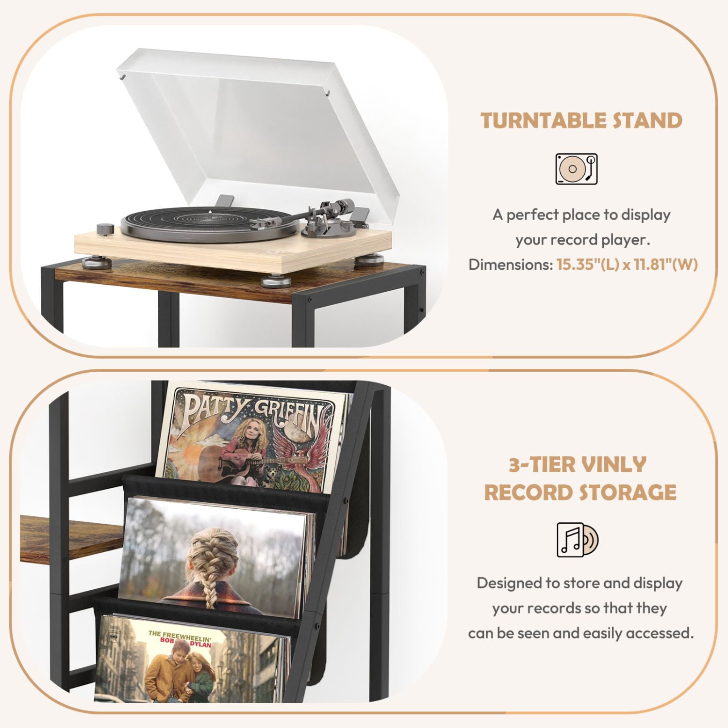 Olakee 3-Tier Record Player Stand with Guitar Stand for Acoustic, Electric Guitar, Bass, Vinyl Record Storage up to 200 Albums