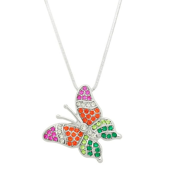 Butterfly Pendant Necklace Multi-color Rhinestone Crystal Rhodium Plated 17 Inch Snake Chain J0626