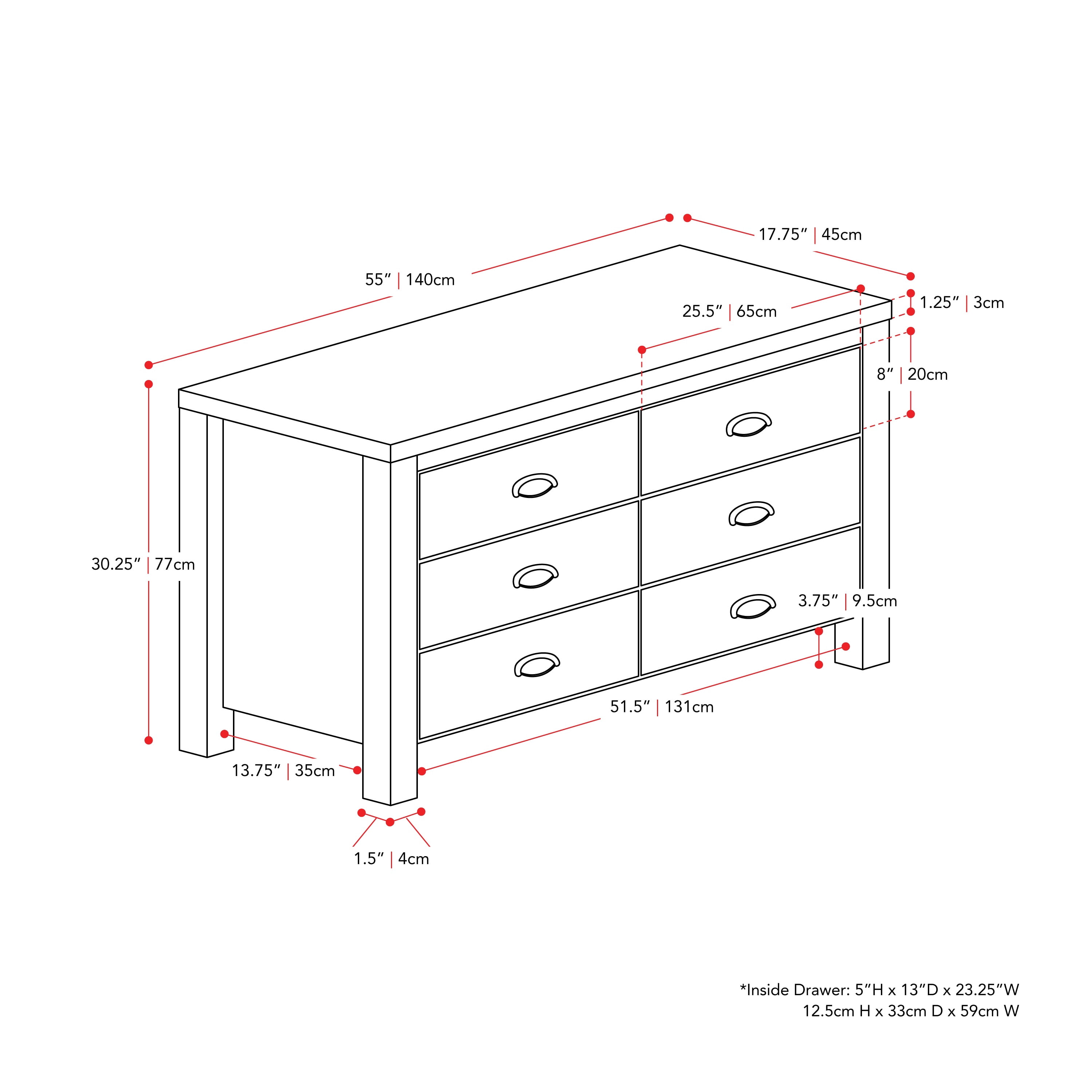 Commode CorLiving Boston moderne en bois d'ingénierie, 6 tiroirs larges pour adulte avec tiroirs emboîtables, noire