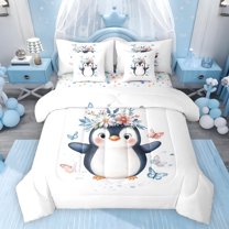 Feelyou Cartoon Penguin Animal Bedding Comforter Set 7pcs, Groovy Floral Full Bedding Set