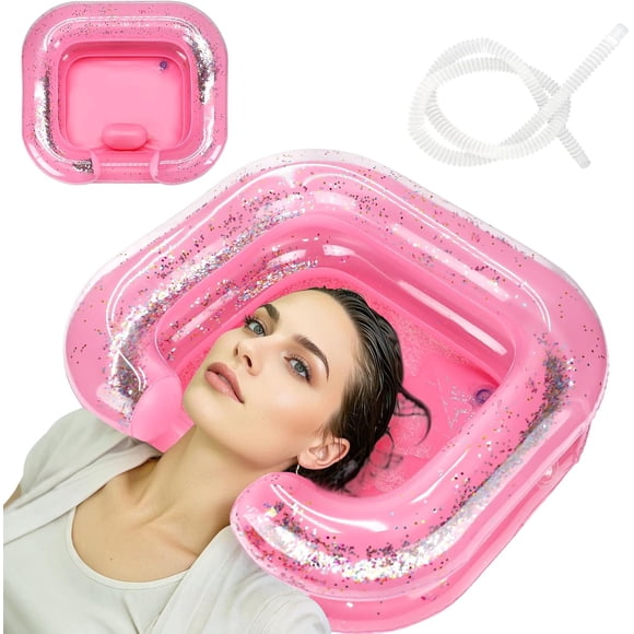 YSTIANN Portable Shampoo Bowl Inflatable Hair Washing Basin with Pillow & Drain Hose for Bedridden, Disabled, Injured, Curly, Thick Hair, Dreadlocks, Pink WJ85-2804