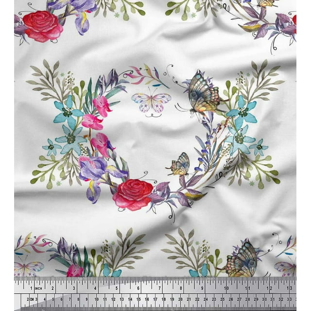 Soimoi Blanc Voile de Coton Insecte, Rose & Couronne Fleur Tissu Imprimé 1 Yard 56 Inch Wide