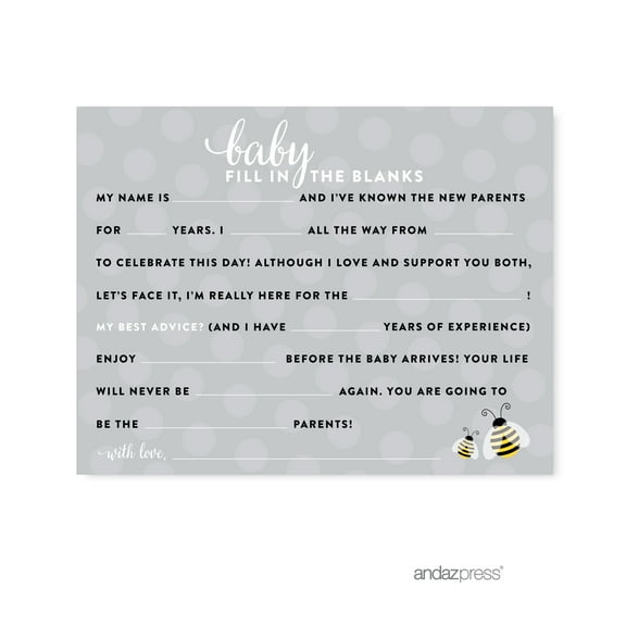 Fill-In-The-Blank  Mama to Bee Bumblebee Gender Neutral Baby Shower Games , 20-Pack