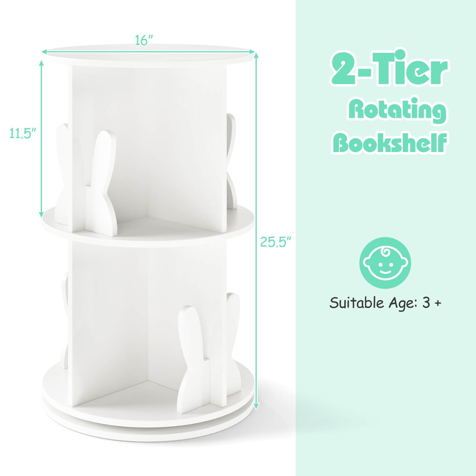 Costway Kids Rotating Bookshelf 2 Tier Freestanding 360° Revolving Display Storage Rack White