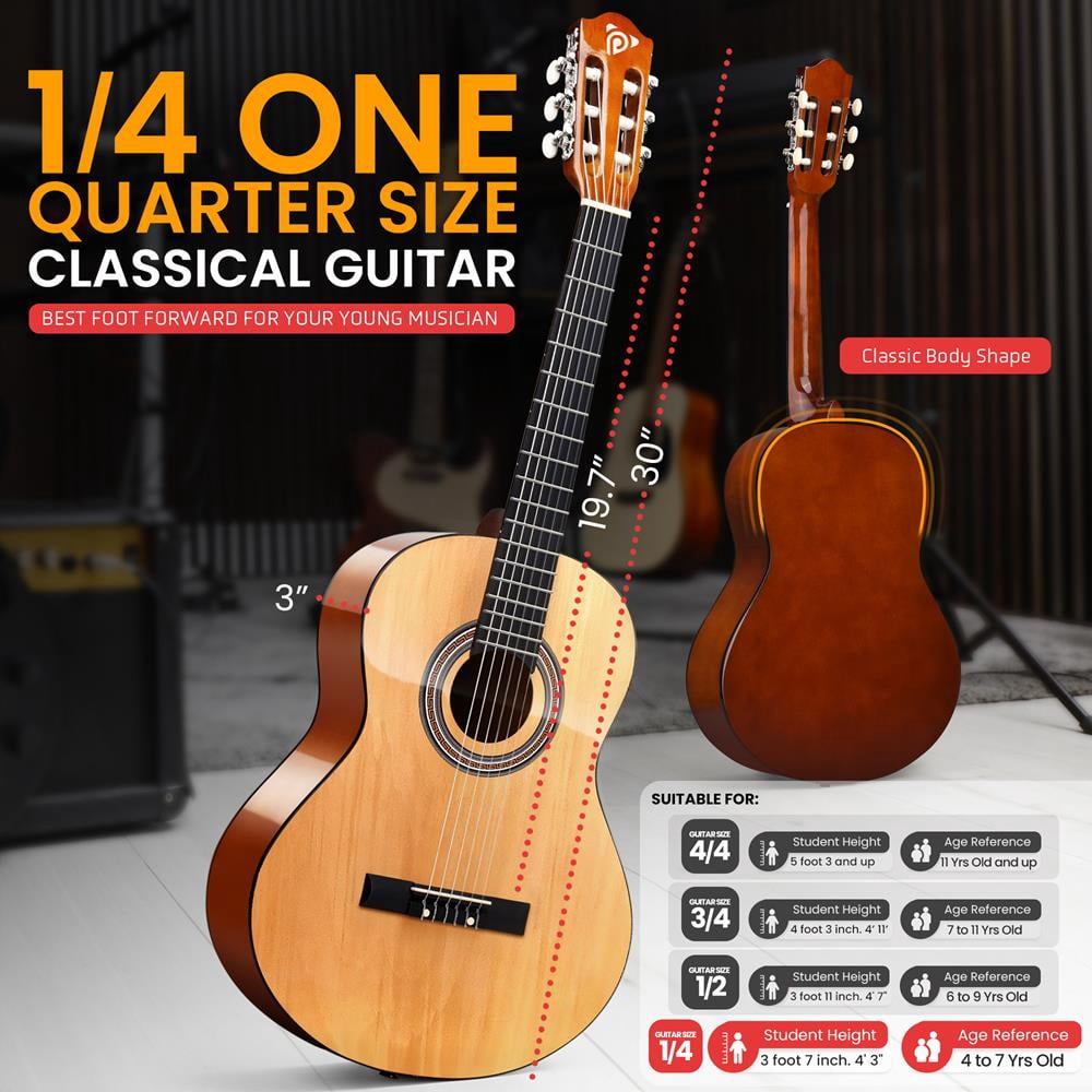 Pyle 30" 1/4 Size Beginner Acoustic Guitar Kit – All Wood Nylon String Instrument with Capo, Strap, Extra Strings & Gig Bag, Natural Gloss